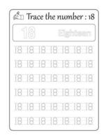 Trace the number 18. Number Tracing for kids vector