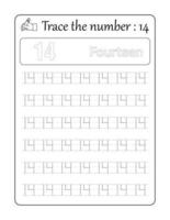 Trace the number 14. Number Tracing for kids vector