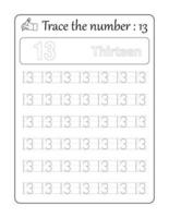 Trace the number 13. Number Tracing for kids vector