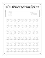 Trace the number 2. Number Tracing for kids vector