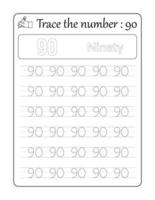 Trace the number 90. Number Tracing for Kids vector