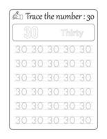 Trace the number 30. Number Tracing for kids vector
