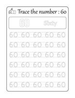 Trace the number 60. Number Tracing for Kids vector