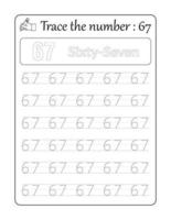 Trace the number 67. Number Tracing for Kids vector