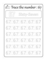 Trace the number 67. Number Tracing for Kids vector