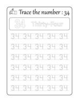 Trace the number 34. Number Tracing for Kids vector