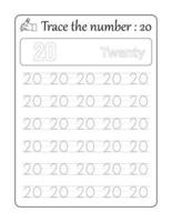 Trace the number 20. Number Tracing for kids vector
