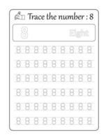 Trace the number 8. Number Tracing for kids vector