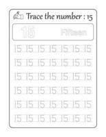 Trace the number 15. Number Tracing for kids vector