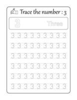 Trace the number 3. Number Tracing for kids vector