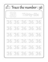 Trace the number 36. Number Tracing for Kids vector