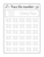 Trace the number 32. Number Tracing for Kids vector