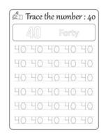 Trace the number 40. Number Tracing for Kids vector