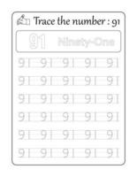 Trace the number 91. Number Tracing for Kids vector
