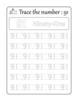 Trace the number 91. Number Tracing for Kids vector