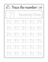 Trace the number 71. Number Tracing for Kids vector