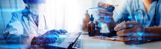 Double exposure of technology healthcare And Medicine concept. Doctors using digital tablet and modern virtual screen interface icons panoramic banner, blurred background. photo