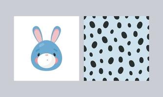 Vector print with cute rabbit and seamless pattern with specks. Cartoon style. For greeting card, posters, banners, the card, printing on the pack, printing on clothes, fabric, wallpaper.