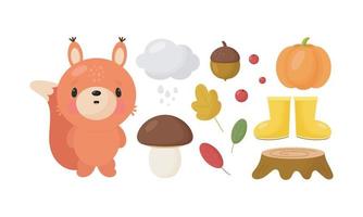 Cartoon Autumn set. Vector illustration. Cute squirrel, nut, mushroom, cloud, boots, leaves, berries, pumpkin, stump. Good for cards, stickers, prints etc.