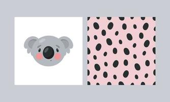 impresión vectorial con lindo koala y patrón sin costuras con motas. estilo de dibujos animados para tarjetas de felicitación, afiches, pancartas, tarjetas, impresión en el paquete, impresión en ropa, tela, papel tapiz. vector