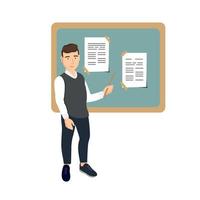 Young teacher professor standing in front of blackboard teaching in classroom. Online education. Vector illustration.