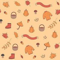 Vector pattern of autumn icons - sweater, falling leaves, scarf, boots. Scrapbook collection of fall season elements. Bright seamless pattern for harvest time. Autumn greeting card