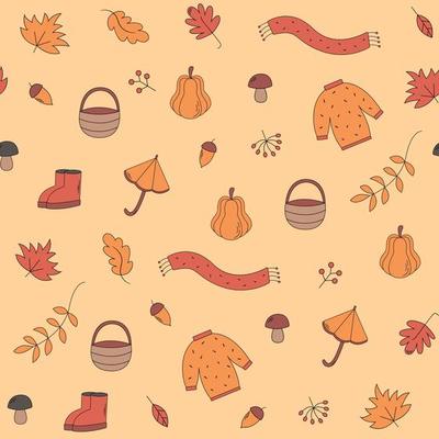 Vector pattern of autumn icons - sweater, falling leaves, scarf, boots. Scrapbook collection of fall season elements. Bright seamless pattern for harvest time. Autumn greeting card