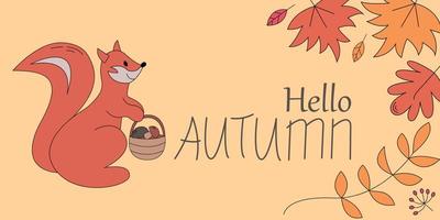 Vector autumn banner with happy squirrel with a basket in the hands, bright falling leaves. Cute childish illustration with a cartoon character. Greeting card for the fall season.