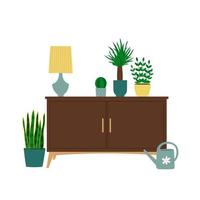 diseño interior de una habitación con aparador, lámpara, regadera y plantas de interior. composición de moda con decoraciones para el hogar vector