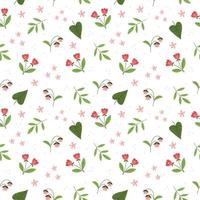 Seamless floral pattern with small pink flowers and leaves on a white background.Colorful flat vector illustration. Repeating texture design.