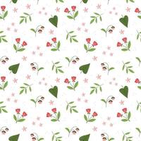 Seamless floral pattern with small pink flowers and leaves on a white background.Colorful flat vector illustration. Repeating texture design.