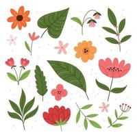 Set of summer flowers and tropical leaves. Summer mood. Exotic plants. Cute style. vector