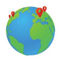 moderno concepto de mapa mundial en 3d transparente azul y verde. planeta del mundo, ilustración vectorial de la esfera terrestre. símbolo de ubicación rojo signo de icono de alfiler o dirección de viaje del localizador de mapa náutico vector