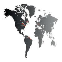 tecnología gps en el mapa mundial aislado sobre fondo blanco. plantilla de vector de mundo gris para sitio web, diseño infográfico. ilustración del mapa mundial. señal de ubicación