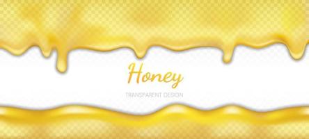 Honey isolated on transparent background. Delicious drops, for desert, menu, web site banner. Golden butter, caramel, confectionery syrup. Vector template of melted bee honey or cream.