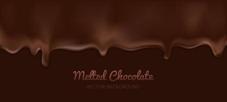 Dripping melted dark or milk chocolate isolated on brown banner background. Realistic illustration of brown cream sauce or syrup flow. Horizontal border site elements. Vector 3d drops of liquid cocoa