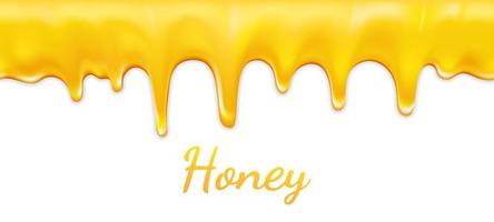 Honey seamless pattern isolated on white background. Delicious drops, for desert, menu, web site banner. Golden butter, caramel, confectionery syrup. Vector template of melted bee honey or cream.