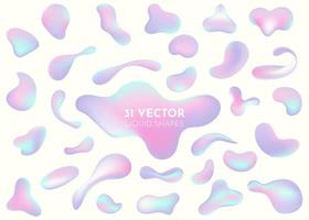 Liquid flow pastel purple, blue 3D neon lava lamp vector geometric set for banner, card or UI design. Gradient mesh bubble in the shape of a wave drop. 31 Fluid colorful abstract shapes collection