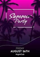 Summer tropical night background with palm trees silhouette, sky and red sunset. Music cocktails party poster, flyer, invitation card. Summer vacation. Hawaiian style neon template design. vector