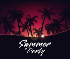 Summer tropical night background with palm trees silhouette, sky and red sunset. Music cocktails party poster, flyer, invitation card. Summer vacation. Hawaiian style neon template design. vector