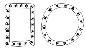 Cute doodle isolated paws frames set, line hand drawn. For dog, cat, bunny, pets collection. vector