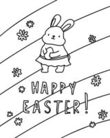 Cute happy animal, easter cartoon bunny. Coloring book animal, rabbit with egg, flowers. vector