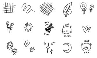 Doodles branch, nature, animals collection isolated line set. Hand drawn cute elements. Sketch for a little tattoo. vector