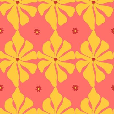 Cute pink pattern with yellow retro flowers seamless background. Cute vector geometric pattern for paper, fabric textile, kitchen, kids.