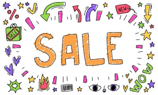 Doodle sale time day line coloring book, stars, text. Shop sketch set isolated collection scribble, postcard.