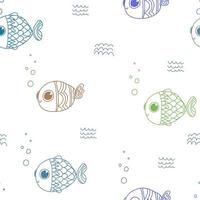 Cute minimalistic pattern with colorful fish. Textiles, lines, doodles, scribble, white sea background for the bathroom. vector