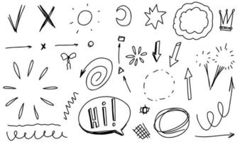 Doodle line arrows, rays frame, crown. Sketch set cute isolated collection for office. vector