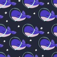 Cute doodle baby whale in space. Dark blue seamless pattern, hand drawn stars. Cosmos sea texture, fabric textile, wallpaper. vector