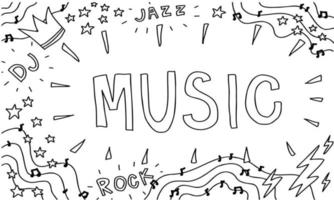 Doodle music time line coloring book, stars, notes, text. Cafe sketch set, cute isolated collection. vector