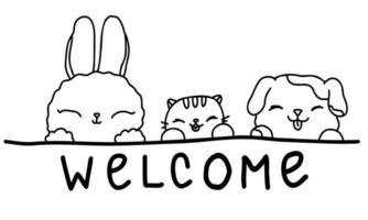 Cute pets isolated poster, banner. Dog, cat, rabbit, hare, doodle welcome, line hello. vector